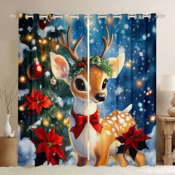 Castle Fairy Cartoon Bow Deer Black Out Curtains for Kids,Happy New Year Curtains Pack of 2 (42x63 Each),Merry Christmas Bedroom Curtains,Luxury Bedroom Decor