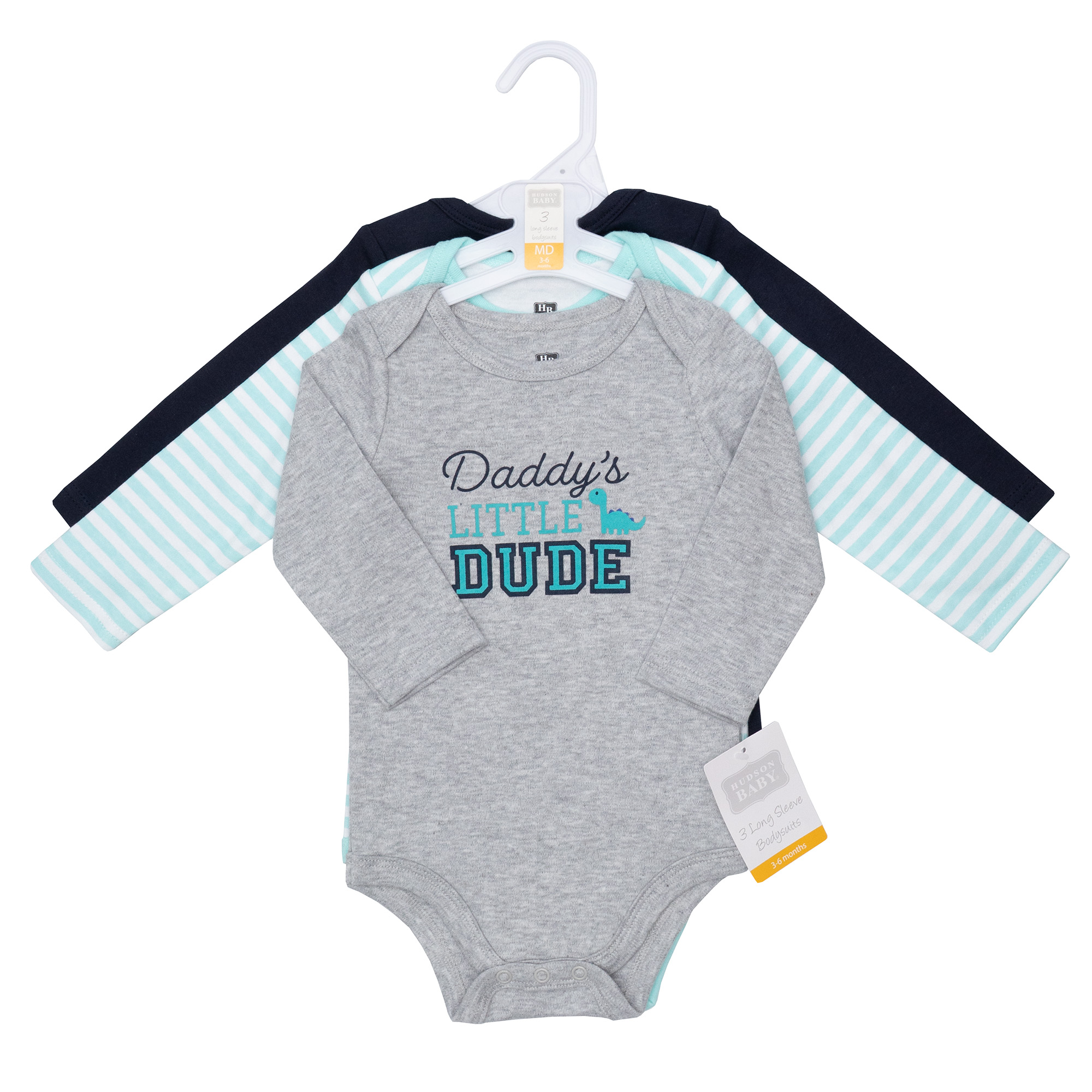 Hudson Baby Infant Boys Cotton Long-Sleeve Bodysuits 3-Pack, Little Dude Dino, 0-3 Months