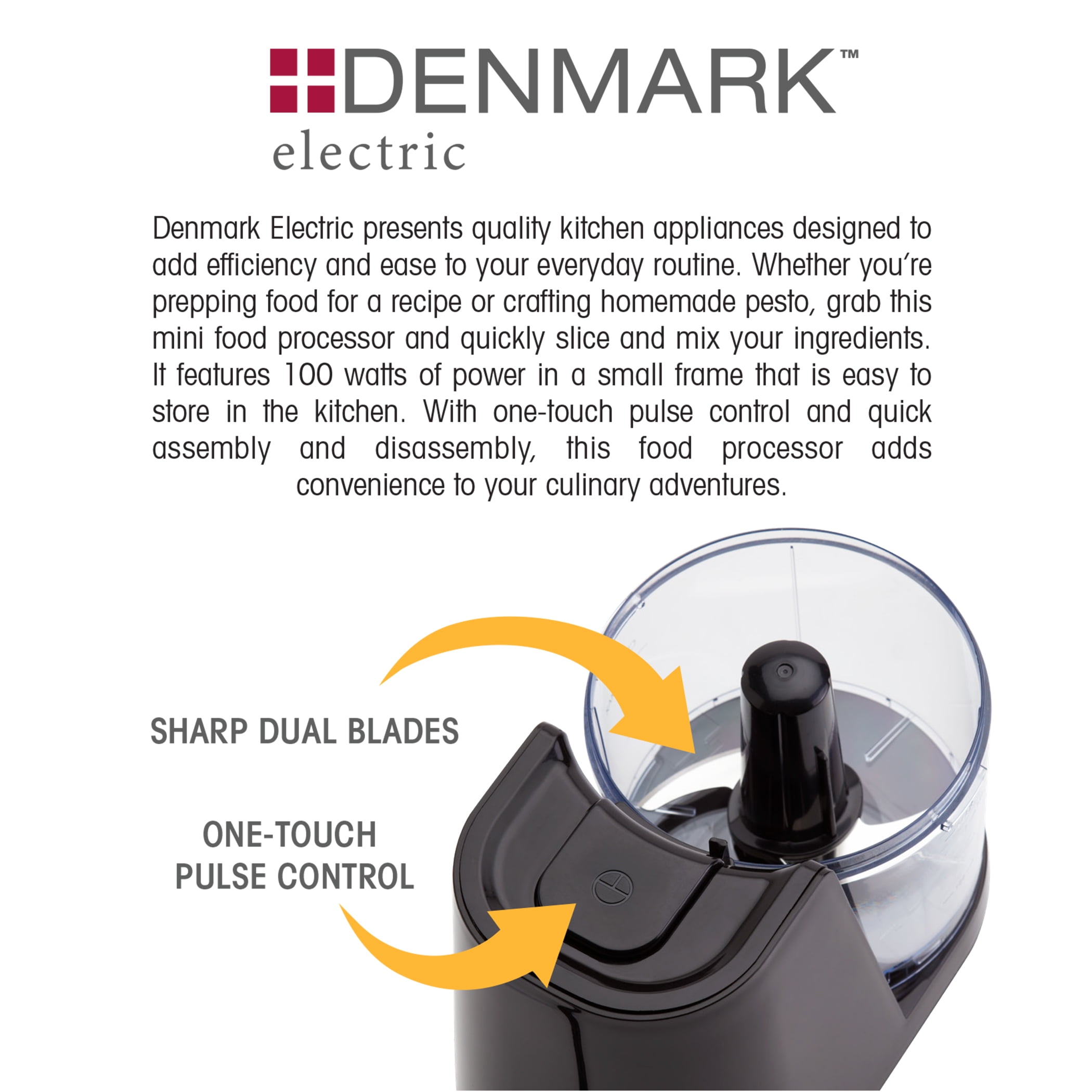 Denmark Electric 1.5 Cup Personal Food Chopper Processor with One-Touch Pulse Control, Black