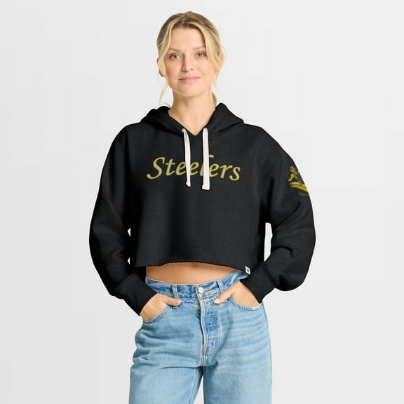 Women's Fanatics Black Pittsburgh Steelers Oversized Hometown Heritage Cropped Hoodie