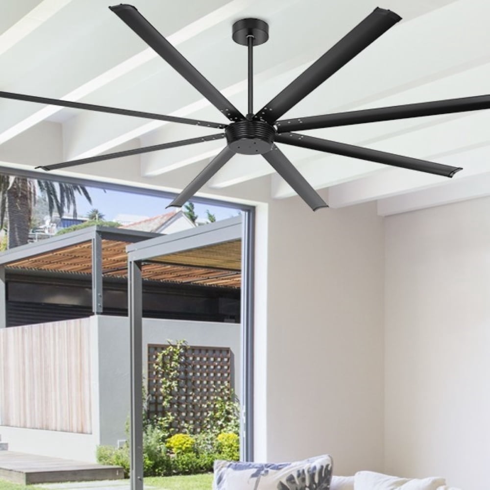 Ohniyou 96" Industrial Ceiling Fan No Light, Remote/APP Controlled, DC Motor High CFM Large Metal Fan with 8 Aluminum Blades for Shop Warehouse Gym, Black