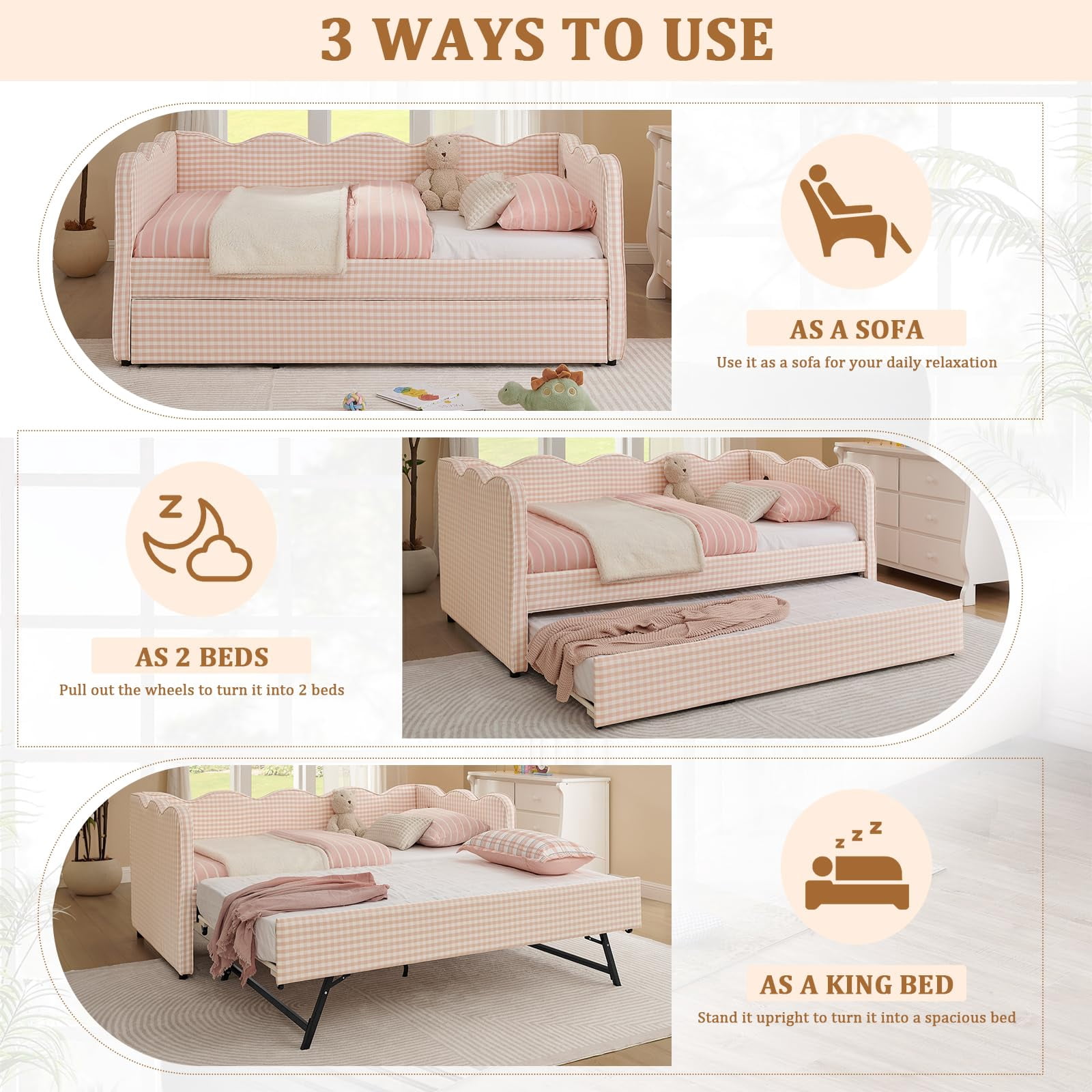 Twin Size Gingham Daybed with Trundle, Wave Shaped Sofa Bed with USB Port, No Box Spring Needed