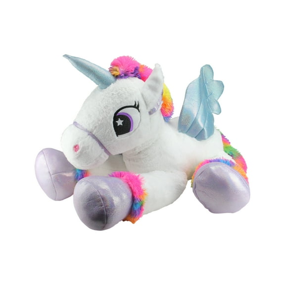 42" Soft and Plush White Sitting Winged Unicorn  with Rainbow Mane Stuffed Figure