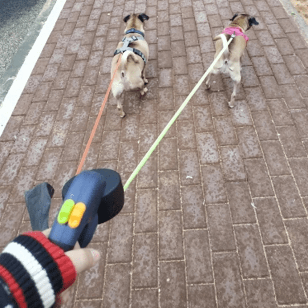 Two Dog Reflective Retractable Pet Leash Ropes – 360 Degree Zero Tangle - Two Dogs Each up to 50 lbs, Reflective Orange and Green Leads, Dual Locking, Auto Retractable with Flashlight