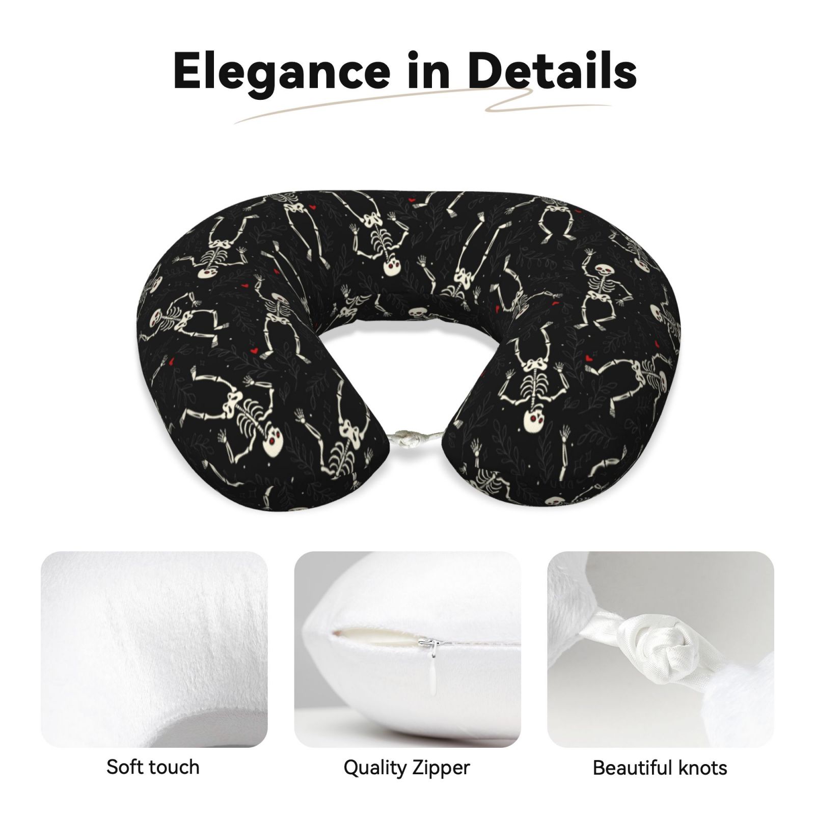 Xecao Happy Skeletons Dancing Print Memory Foam Cervical Neck Pillow Versatile U-Shaped Pillows for Home,Office,Camping,Travelling,Soft Washable Cover