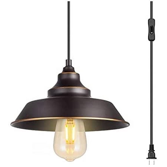 Modern Indoor Pendant Lamp, Retro Black Finish E26 1-Light Ceiling Pendant Light Hanging Light Fixture Plug-in Cord with On/Off Switch