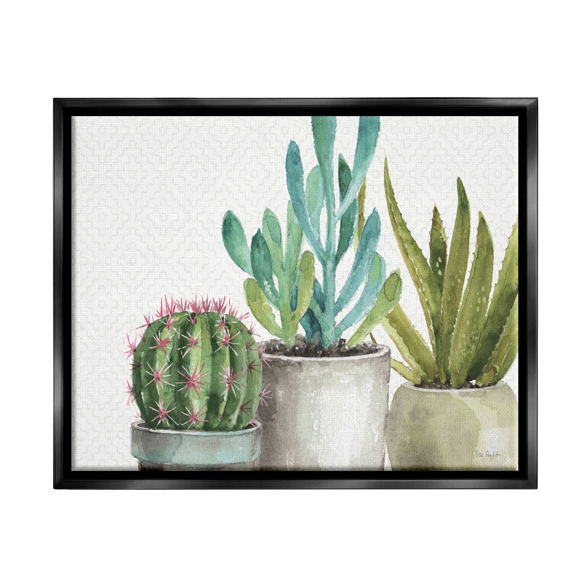 Stupell Industries Modern Succulents Pattern Green Grey Watercolor Painting Jet Black Framed Floating Canvas Wall Art, 16x20, by Lisa Audit
