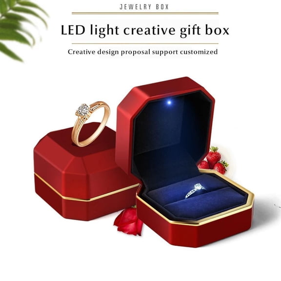 Engagement Ring Box, Wedding Ring Box, Luxury Velvet Case Jewelry Gift Box with LED Light for Proposal Engagement Wedding, Red
