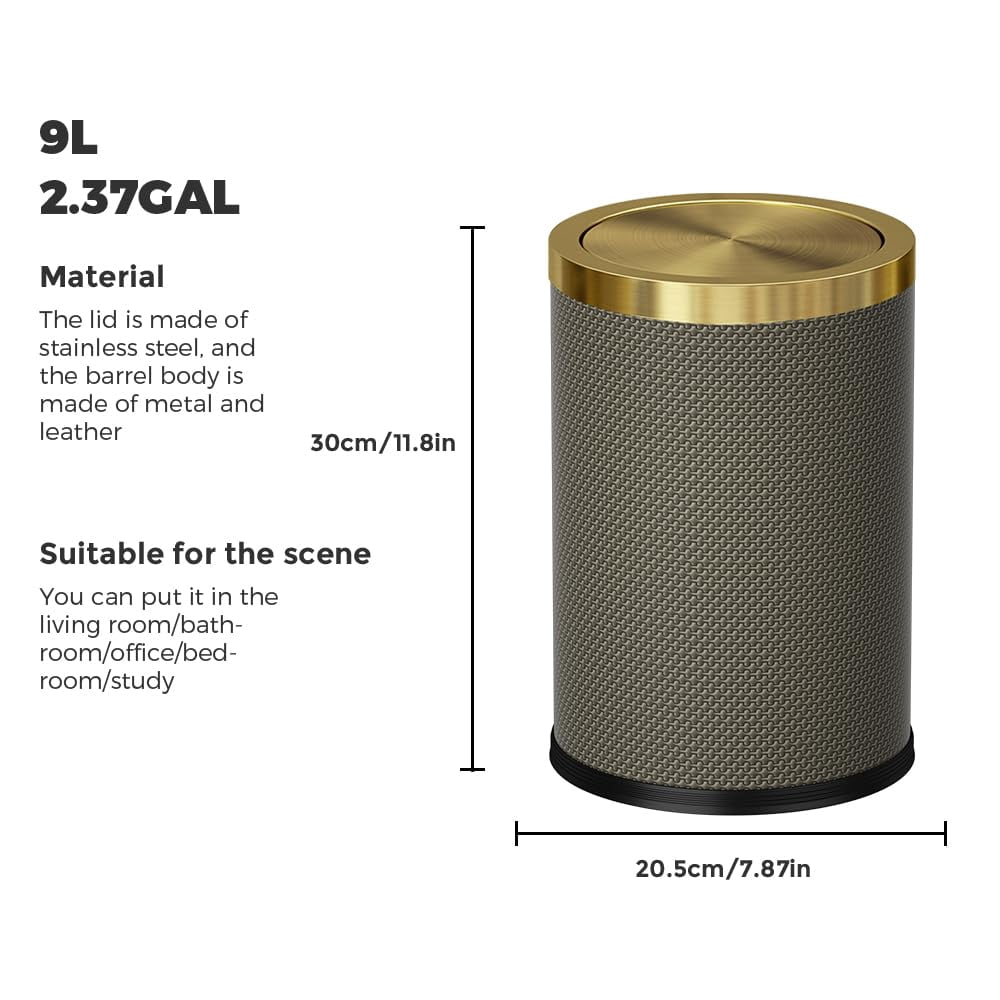 9L/2.3GAL Small Trash Can with Swing Lid, Waste Paper Baskets for Bathrooms,Black and Gold Trash Can for Bathroom,Bedroom, Powder Room,Office,Laundry Room (9L-Black)