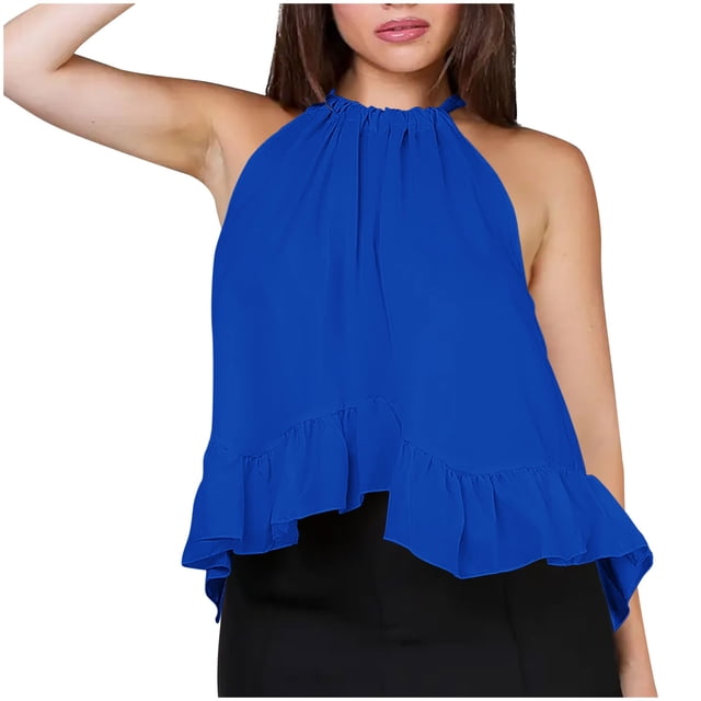 Sleeveless Top for Women, Non-Positioning Printed Loose Fit with Ruffle Hem and Halter Back Tie Design, Black S