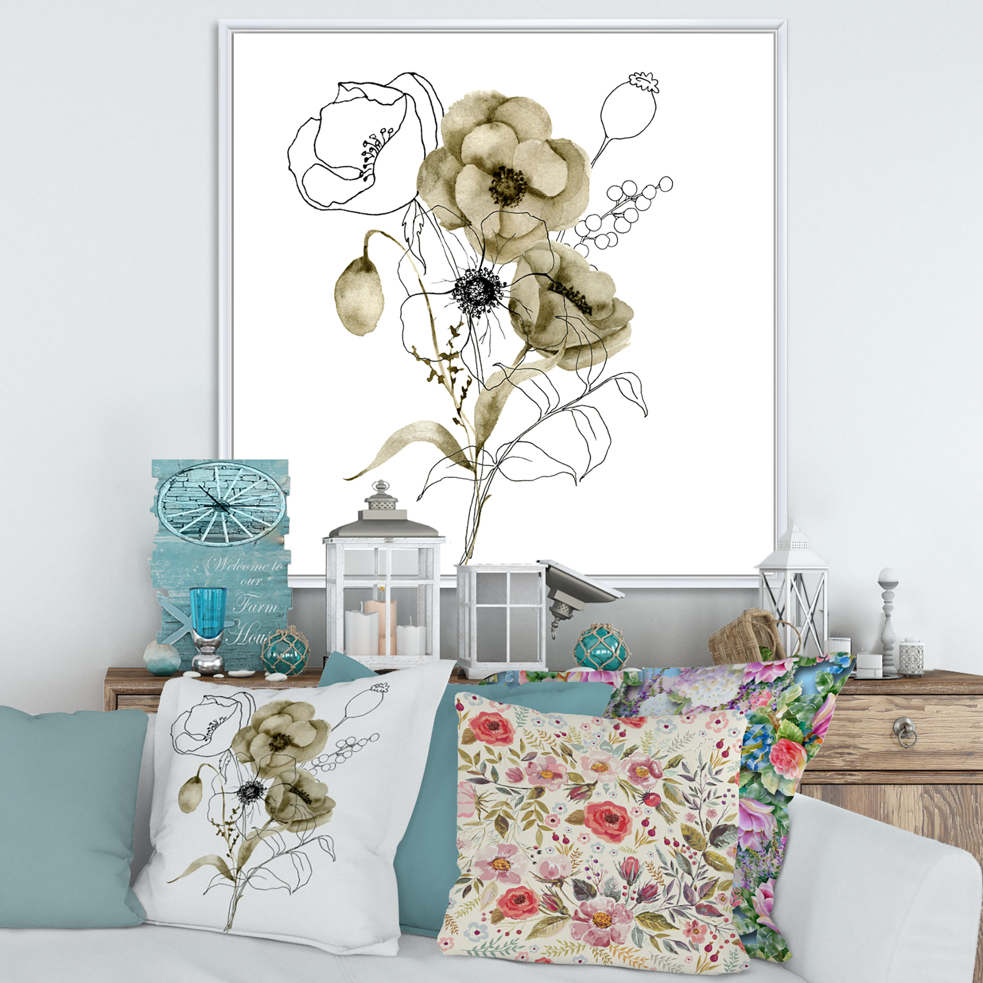 Designart 'Eucalyptus Branches With Anemone Bouquet Flower' Traditional Framed Canvas Wall Art Print