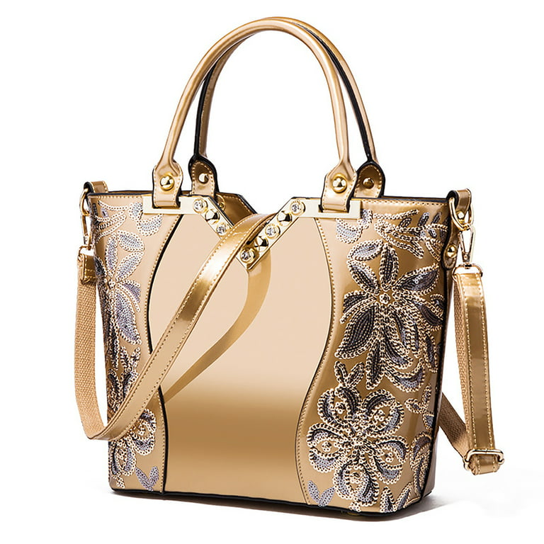 Handbag for Women, GMYLE Flowers Pattern Beads Patent Leather