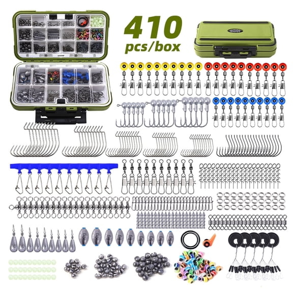 Blusea Fishing Gear Accessories Kit, 410PCS Fishing Tackle Box with Hooks, Weights, Sinkers for Bass Trout