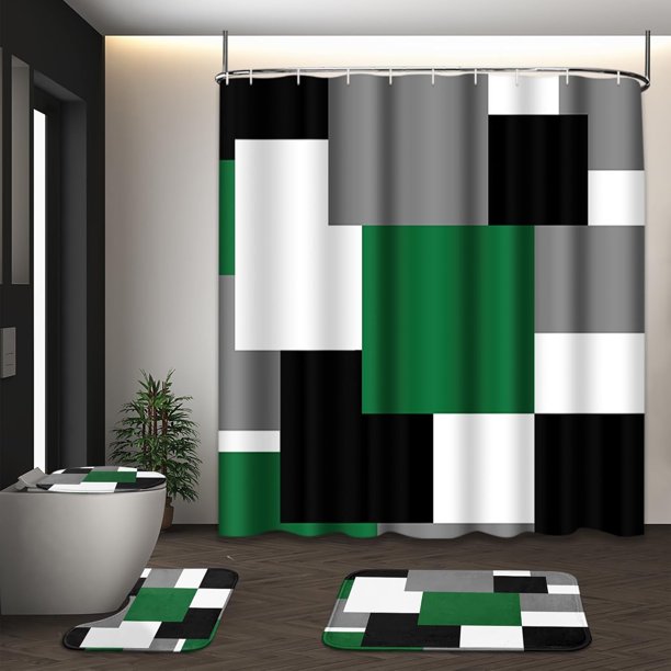 Juego de cortina de ducha abstracta azul con tapa de inodoro y alfombras antideslizantes para baño, juego de 4 cortinas de ducha con arte de pintura moderna, juego de baño vintage gris y blanco con