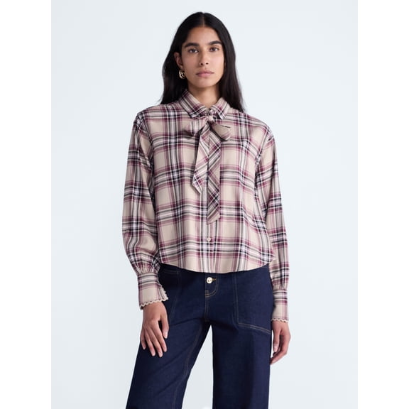 Scoop Women's and Women's Plus Plaid Bow Shirt, Sizes XS-4X