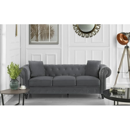 Classic Chesterfield Couch In Velvet Scroll Arm Tufted Button Sofa