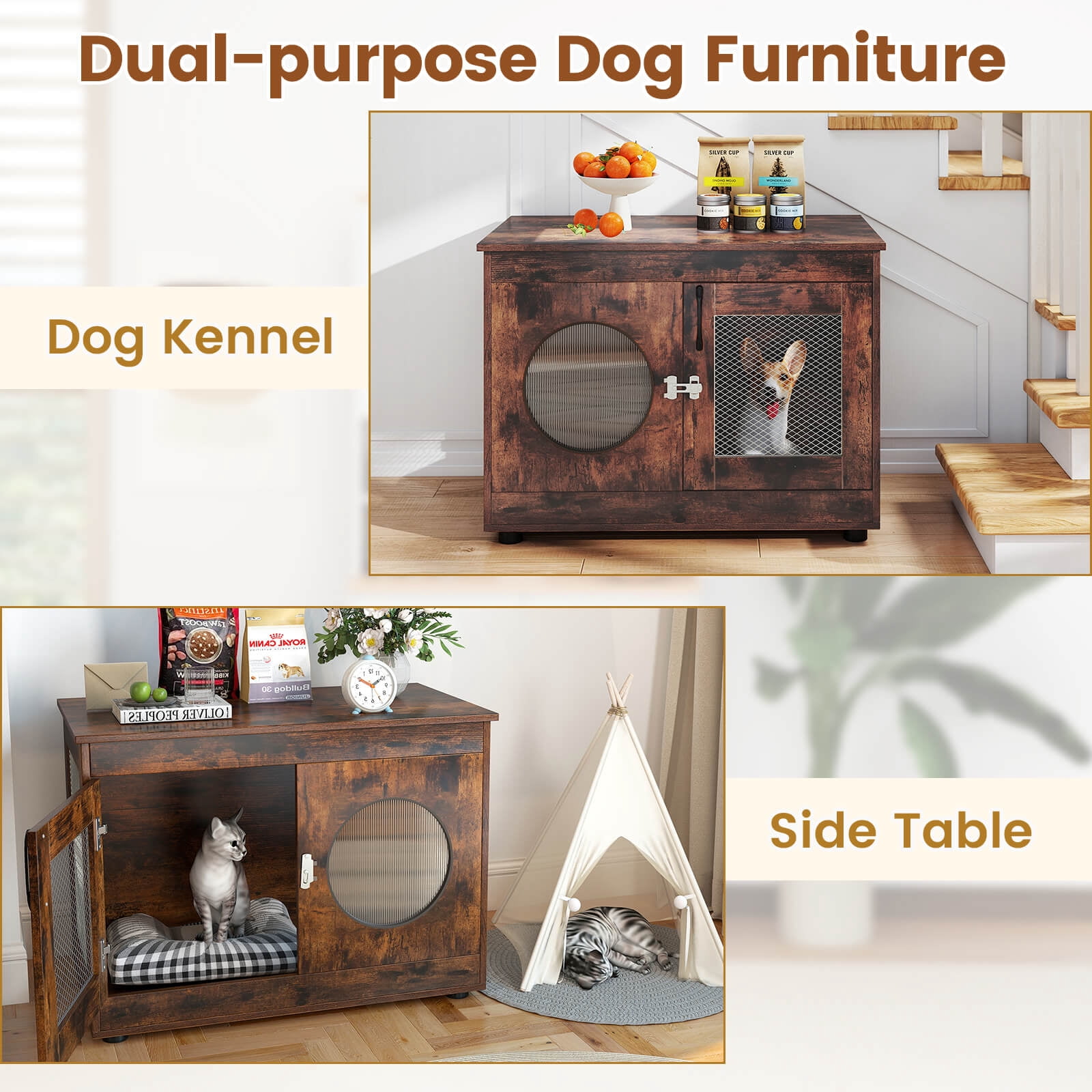 Costway Furniture Style Dog Crate for Small Medium Dogs Translucent Window Lockable Door