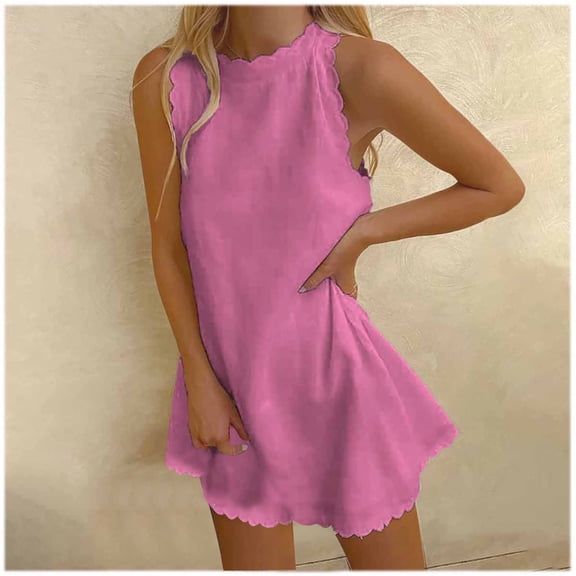 Pincandy Women Casual Tank Dress Sleeveless Mock Neck Back Zipper Linen Summer Dress Scallop Halter Dress Sundress Beachwear