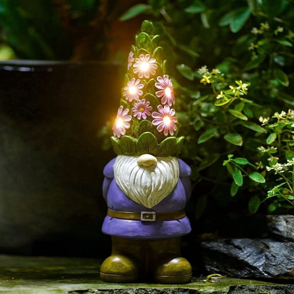 Solar Garden Gnome Statue with Succulent Wreath & 5 LED Lights, Outdoor Gnome Figurine Garden Decor, Funny Garden Dwarf Lawn Ornament for Patio Yard Balcony, Gifts for Women Mom Grandma