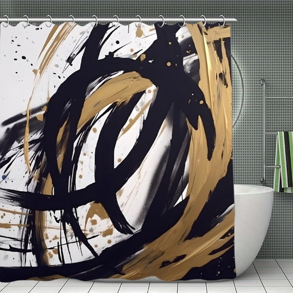 Swirl Black Gold Abstract Print Shower Curtain,Modern Fabric Waterproof Shower Curtain Set with Hooks,70.8×70.8Inch