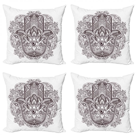 Ambesonne Hamsa Throw Pillow Cover 4 Pack, Swirls from East, 24", Dark Brown and White