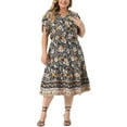 thumbnail image 2 of Agnes Orinda Women's Plus Size Summer Boho Casual V Neck Short Sleeve Floral Print Beach Midi A-Line Dress 1X Black, 2 of 6