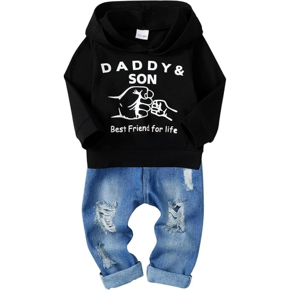 CARETOO Baby Boy Clothes, Long Sleeve Printing Hoodie with Jeans Pants Outfits Set Size 4-5T