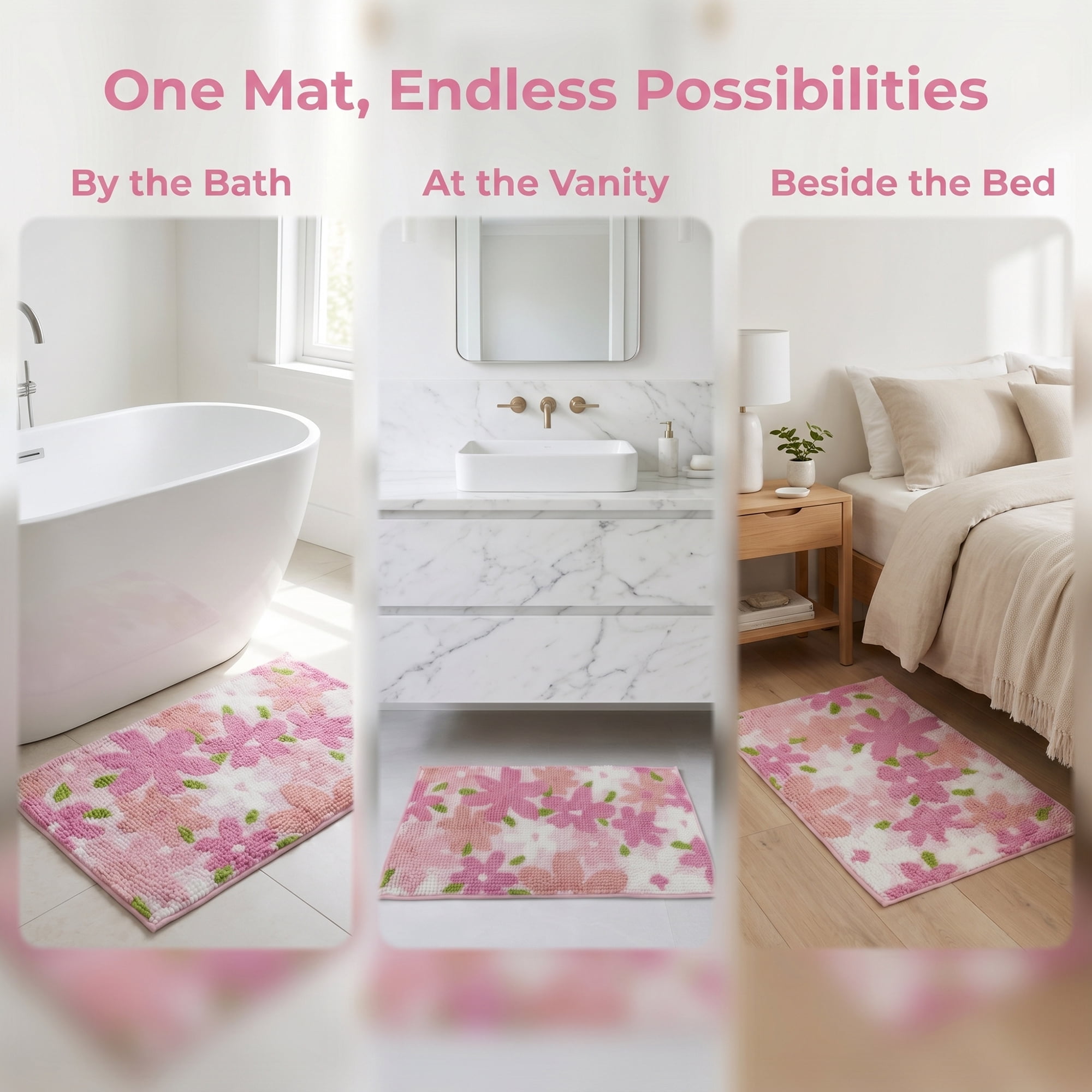 Unique Bargains Chenille Ultra Soft Non Slip Machine Washable Shower Rug Pink 24" x 16"
