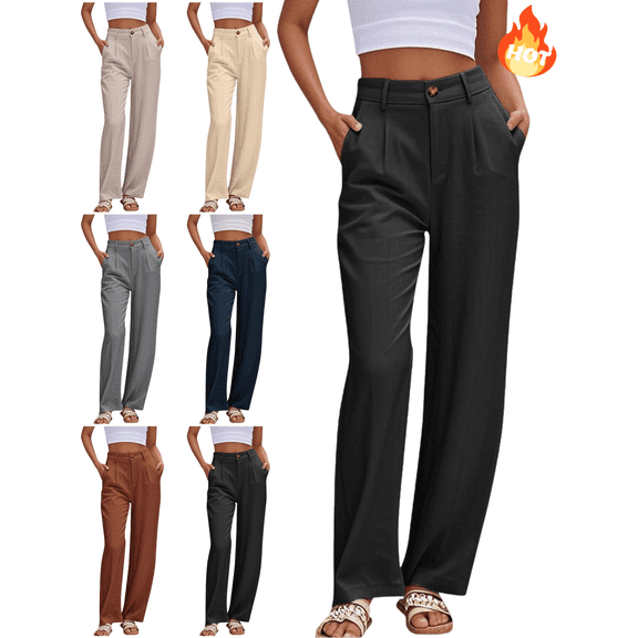 Mifsaly Trousers Pants for Women Petite Wide Leg Dressy Casual Pant Zipper Button Closure High Waist Work Trouser Business Fashion Officewear with Pockets