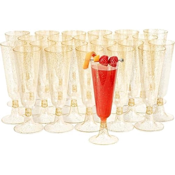 24 Glitter Gold Champagne Flutes Plastic Champagne Glasses 5oz, Reusable Clear Plastic Champagne Flutes Bulk Pack, Copas De Plastico Para Brindis, Mimosa Toasting Glasses for Wedding, Christmas