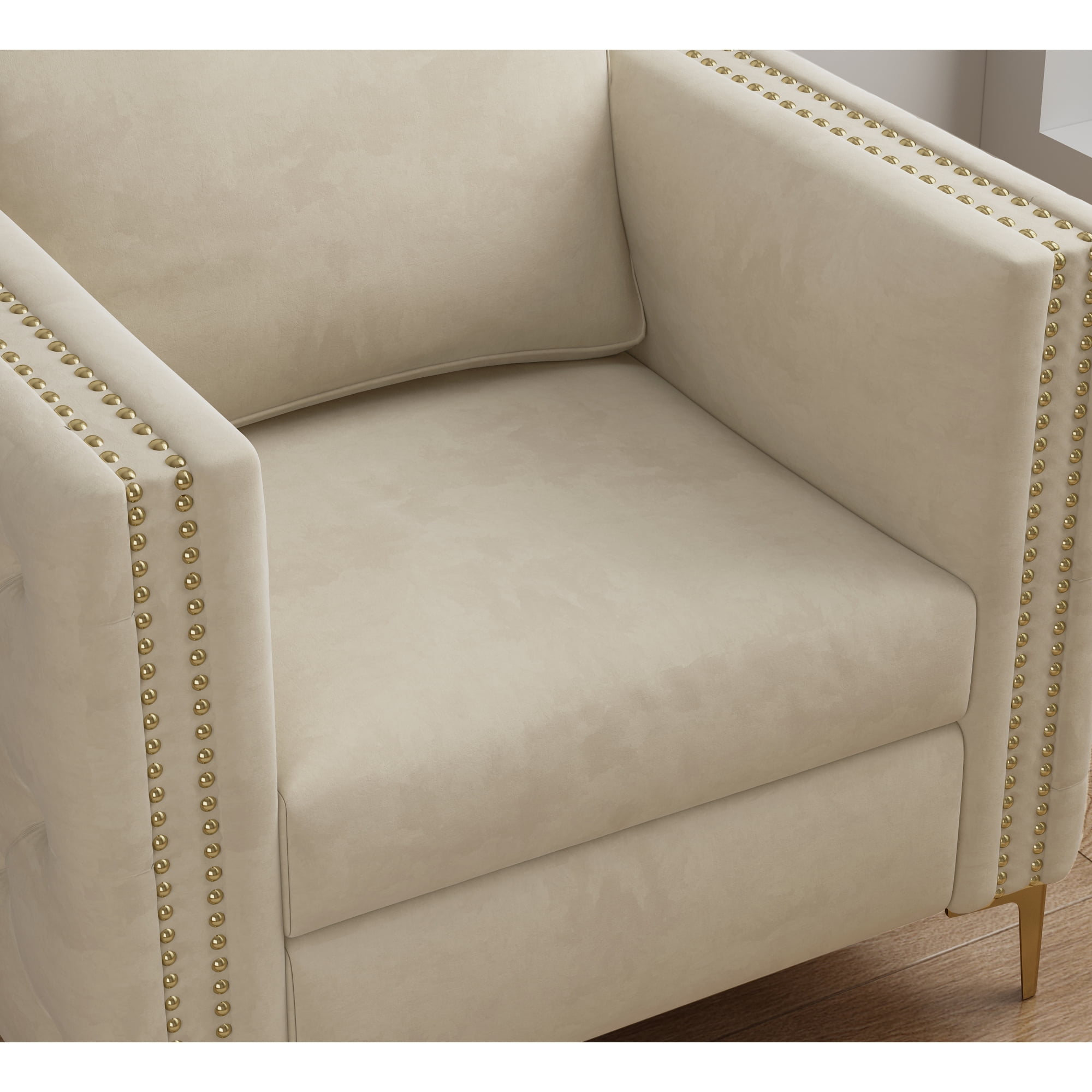 Modern Upholstered Accent Chair,Velvet Armchair with Rivet Design and Metal Leg,Single Sofa Chair for Living Room Bedroom Playroom,Beige