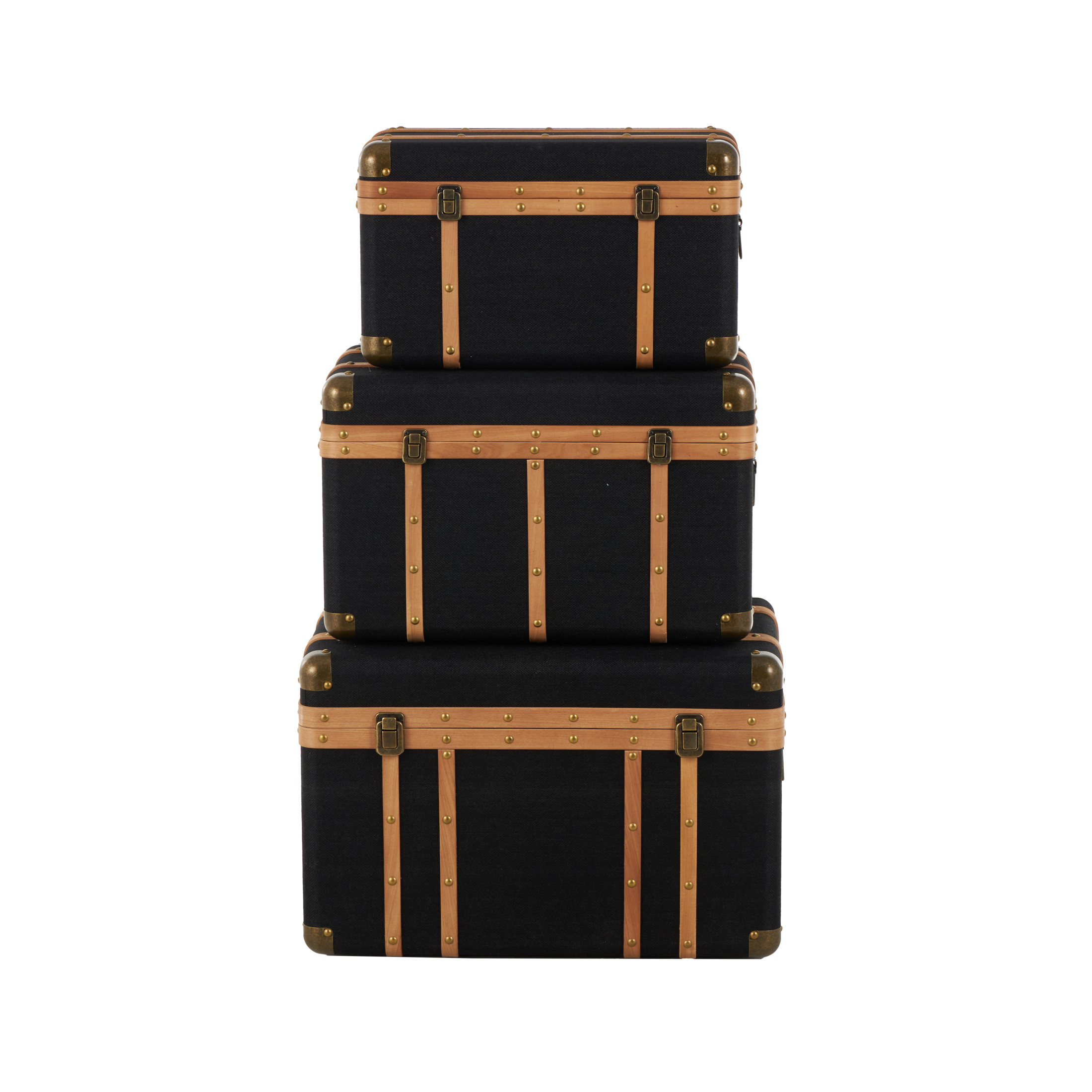 DecMode 22" x 14" Black Fabric Trunk with Brass Metal Latches and Brown Wooden Accents, 3-Pieces