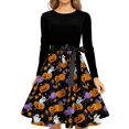 thumbnail image 4 of Halloween Dresses for Women Pumpkin Spider Long Sleeve 1950s Cocktail Funny Dresses Crew Neck Hepburn Retro Cute Tea Length Dress with Belt L, 4 of 5