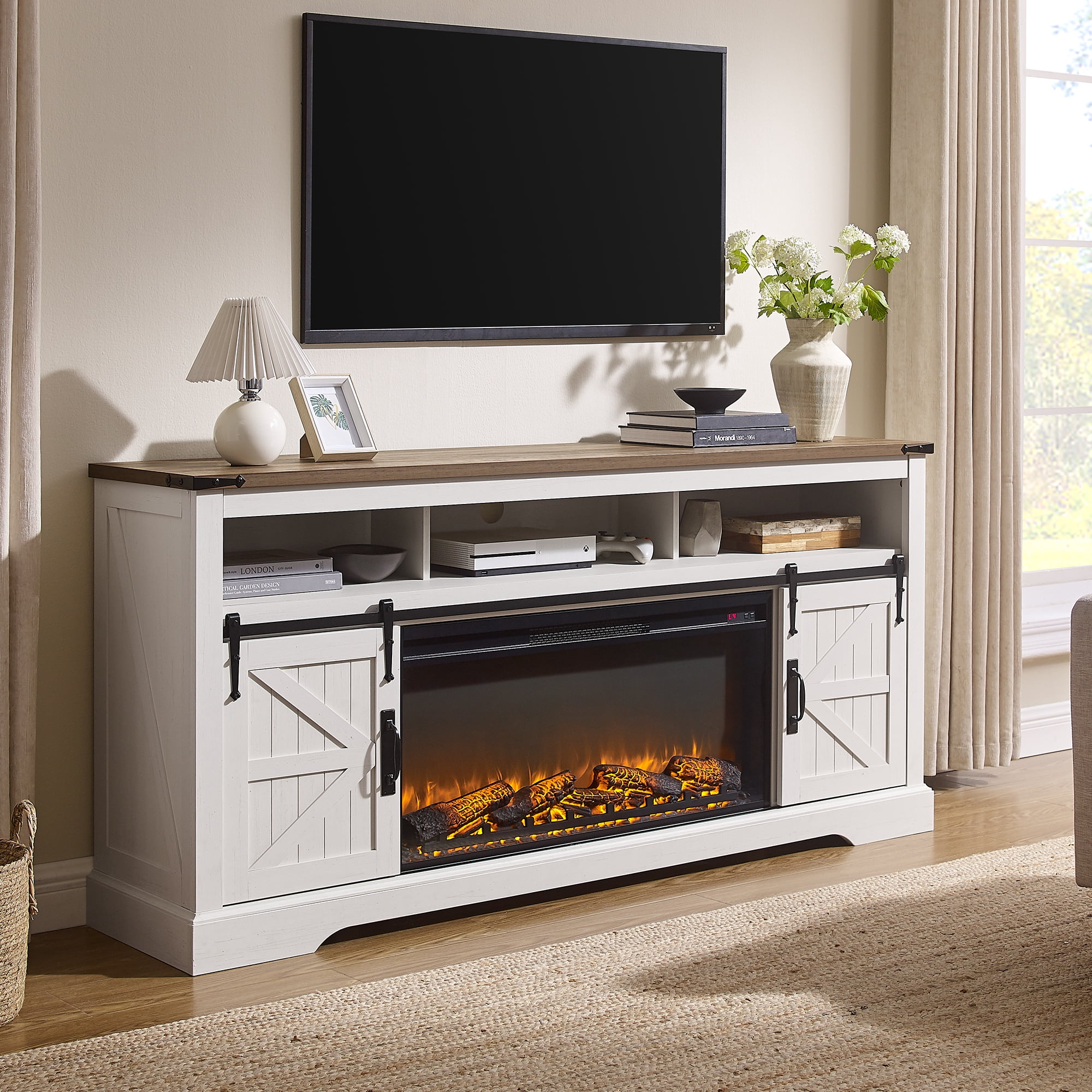KeyWhat Farmhouse Fireplace TV Stand for TVs up to 80", 37" Electric Fireplace & Barn Door