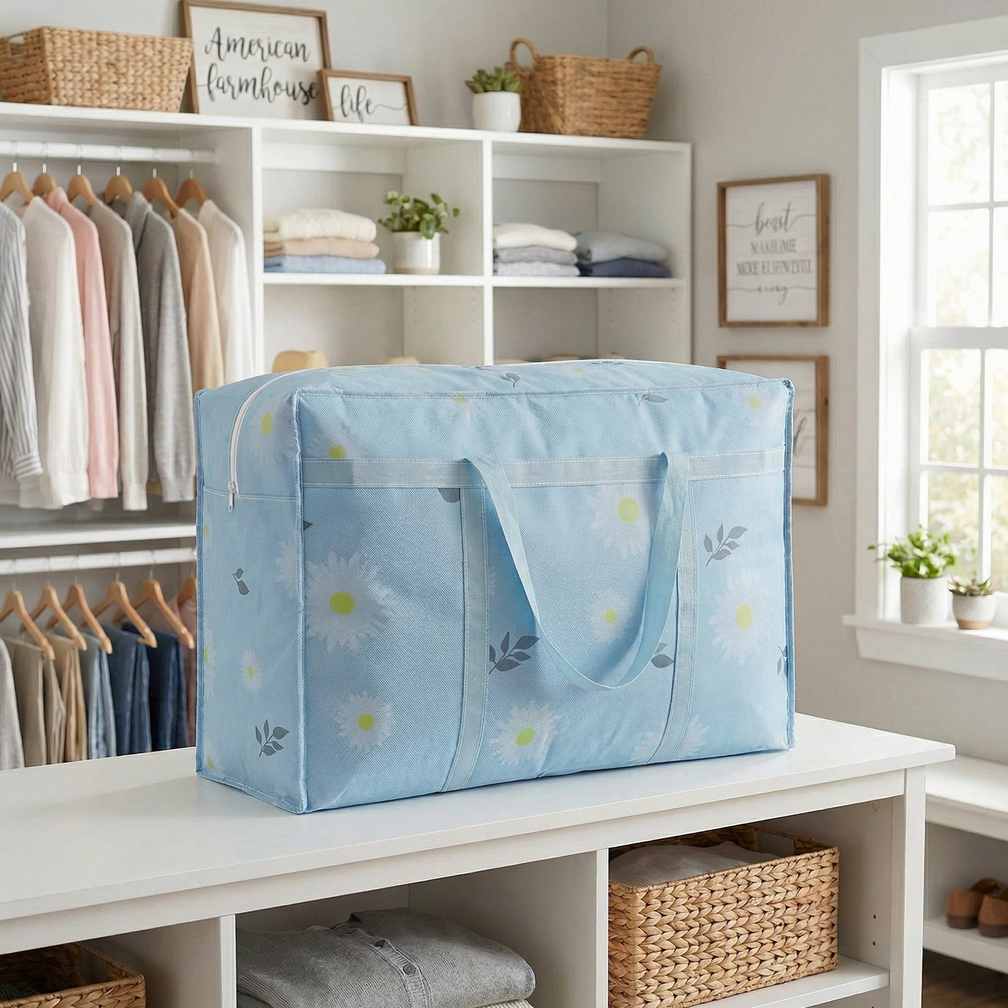 Unique Bargains Foldable Storage Bags for Organizing Livingroom Blue 26.4"x9.8"x19.7"
