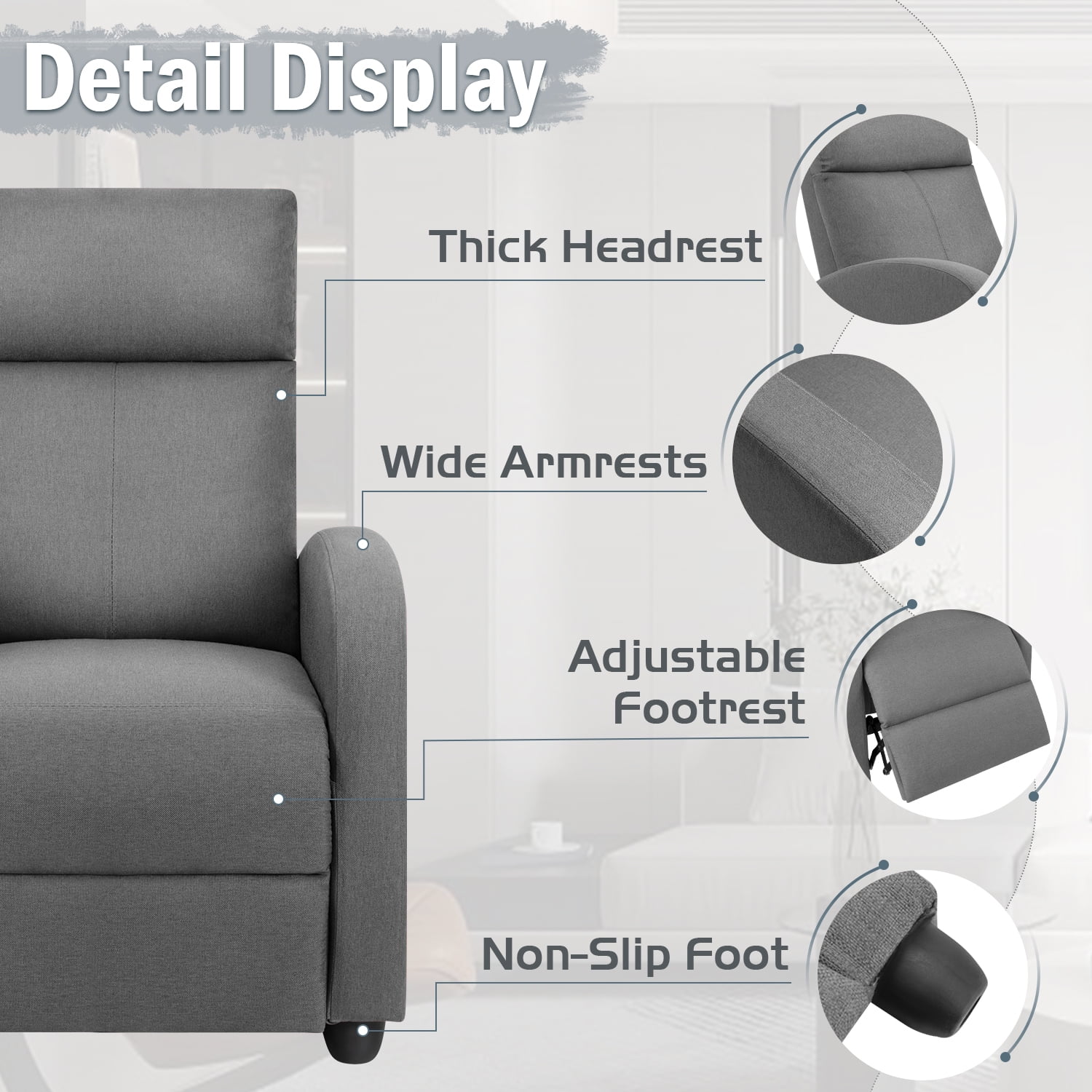 Vineego Massage Sofa Chair,Adjustable Fabric Recliner Home Theater Seating with Padded Backrest and Thick Seat Cushion ,Gray