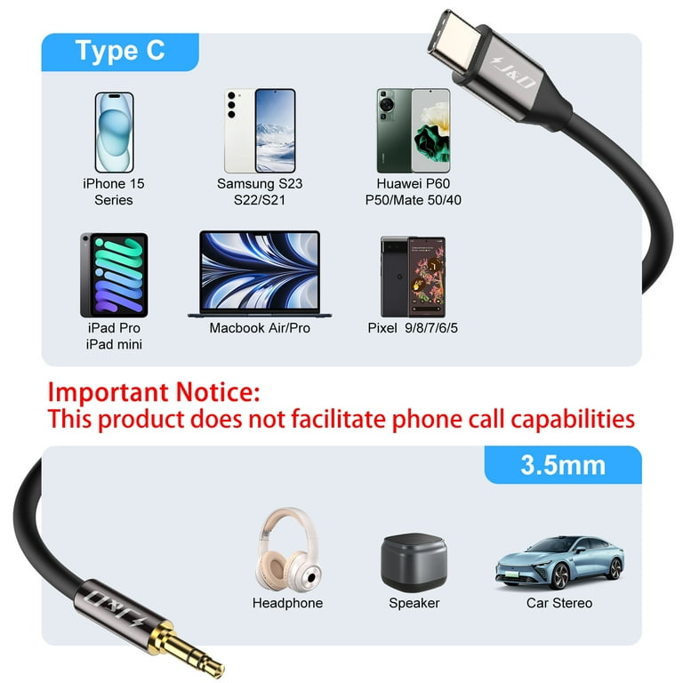 J&D USB C to 3.5mm 1/8 inch Aux Cable, USB Type C to Standard 3.5mm 1/8  inch TRS Male Car/Home Stereos Audio Cable 