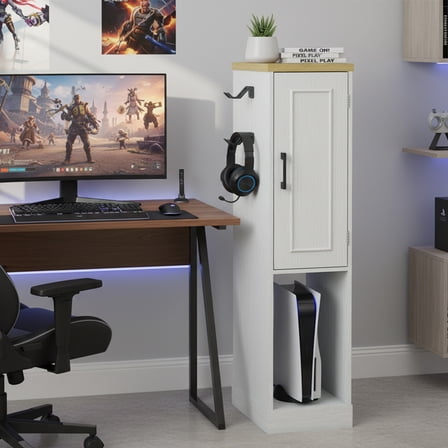 44"H Media Storage Cabinet, Media Stand with 2 built-in Drawers and 3 Hooks, Game Console Storage Cabinet for PS5 and Xbox, Antique White