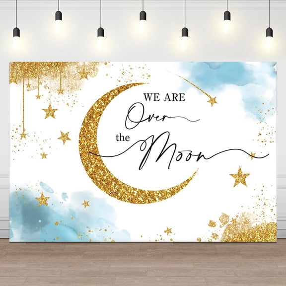 Baby Shower Backdrop We are Over The Moon Photography Background Gold Moon Stars Glitter Dots Blue Cloud Boy Girl Newborn Party Decorations Banner Photo Booth Props