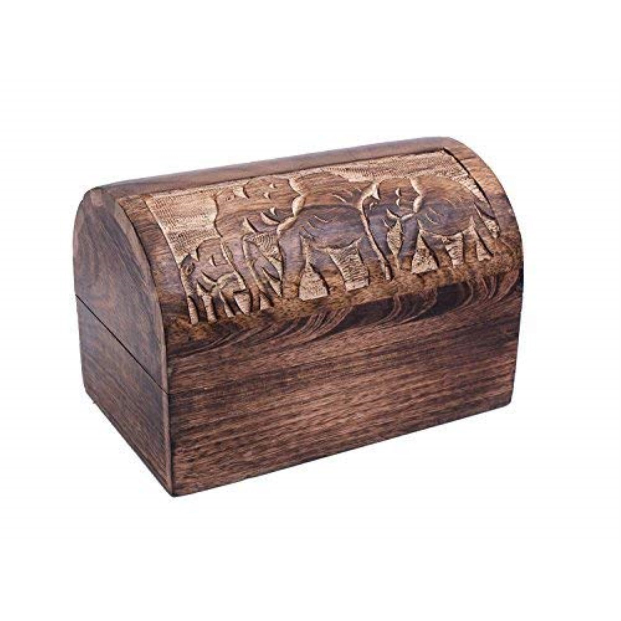 Hand Carved Wooden Box with Elephant Brass Inlay Jewellery Trinket Momento Box 