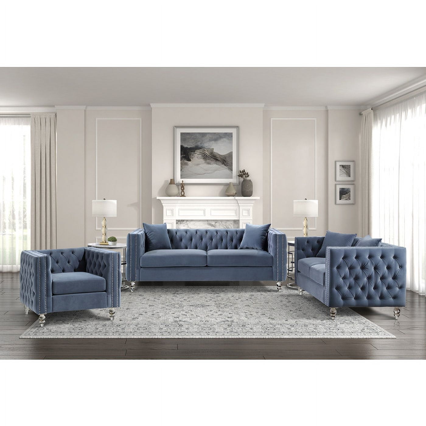 Lexicon Orina Button Tufted Velvet Chair in Dark Blue