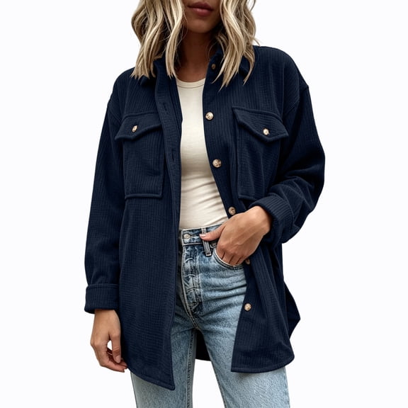 Atogsazn Women's Button Down Shacket Jacket Casual Ribbed Corduroy Long Sleeve Oversized Shirt Fall Winter Tops Navy L Fashion