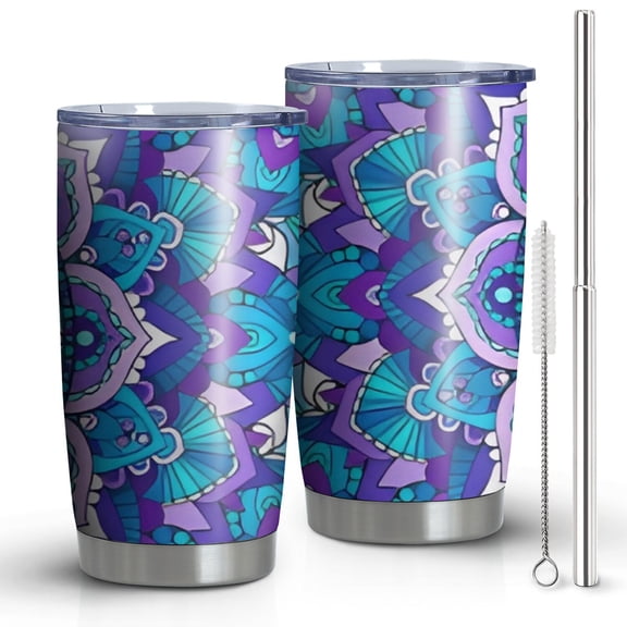 20oz Tumblers Purple Ethnic Mandala Pattern Stainless Steel Vacuum Insulated Double Wall Travel Tumbler Cups Mug with Lid and Straw,Cleaning Brush for Cold & Hot Drinks