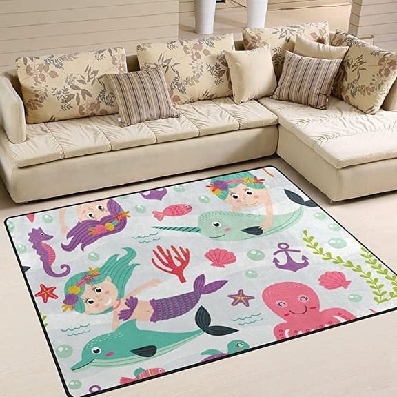FREEAM Soft Foam Nursery Area Rugs Girls Mermaid Octopus Whale Non Slip Play Mats for Kids Boys Girls Playing Room Living Room 72x48 inch