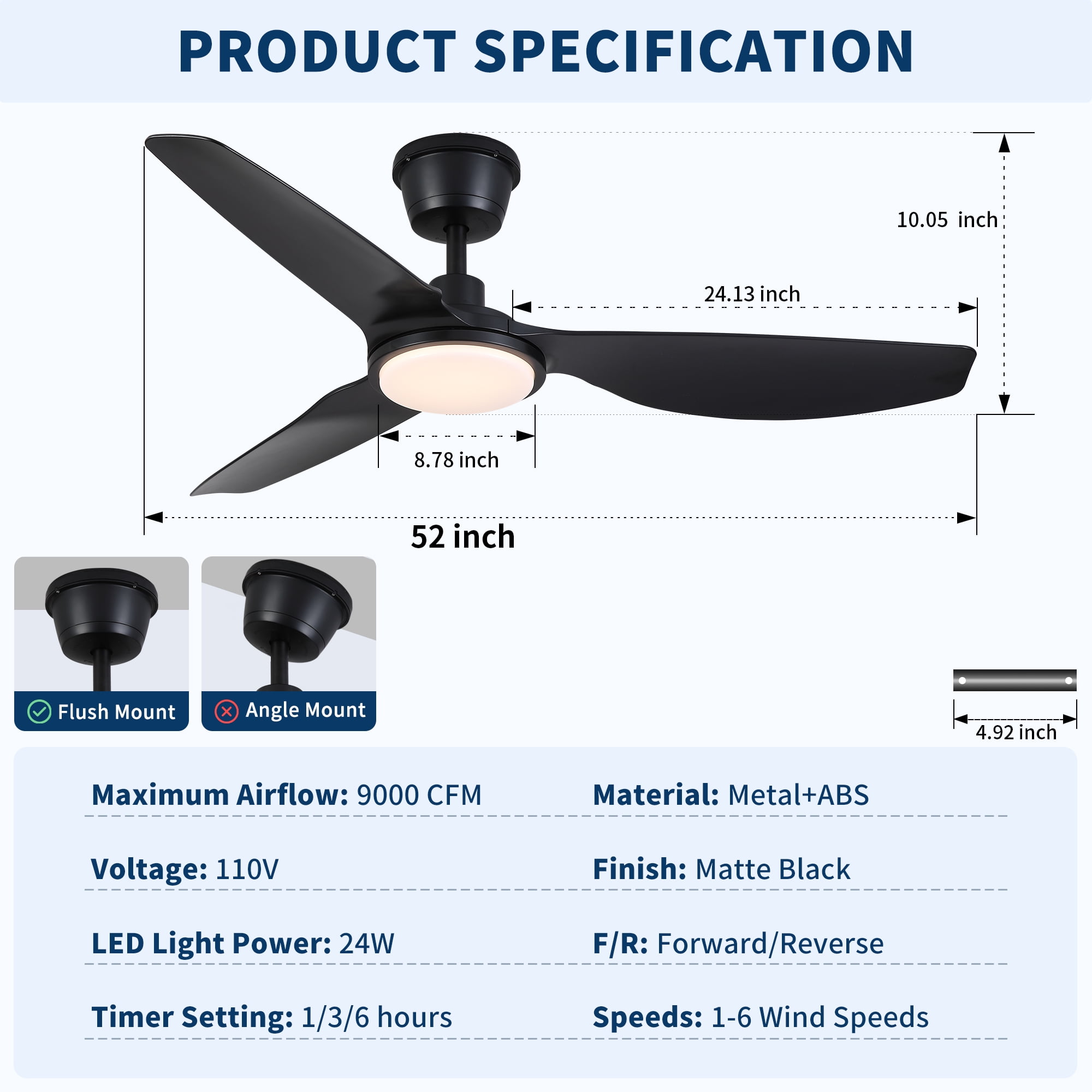 52 inch Modern Outdoor Waterproof Black Ceiling Fan with Light and Quiet DC Motor