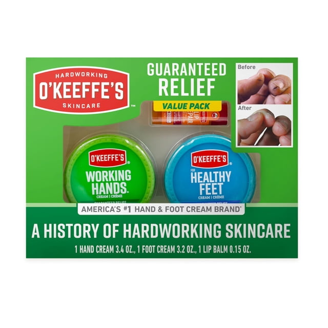 O'Keeffe's Giftbox incluye reparación de labios con barra de aceite de cereza y vitamina E, tarro de manos de trabajo y tarro de pies saludables, idea de regalo