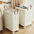 thumbnail image 3 of Foldable Laundry Basket (Large & Medium, Ceramic White) - PU Leather, Hand Washable, Solid Color - Multi-Functional Portable Dirty Clothes Hamper W/ Wheels for Bathroom & Balcony Storage, 3 of 16