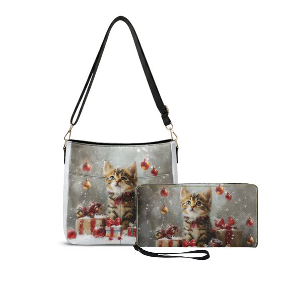 DISNIMO Cat Christmas Handbag and Wallet Set Womens Bucket Tote Bag Pu Leather Shoulder Purse Xmas Wristlet Wallet for Women Party, Gray