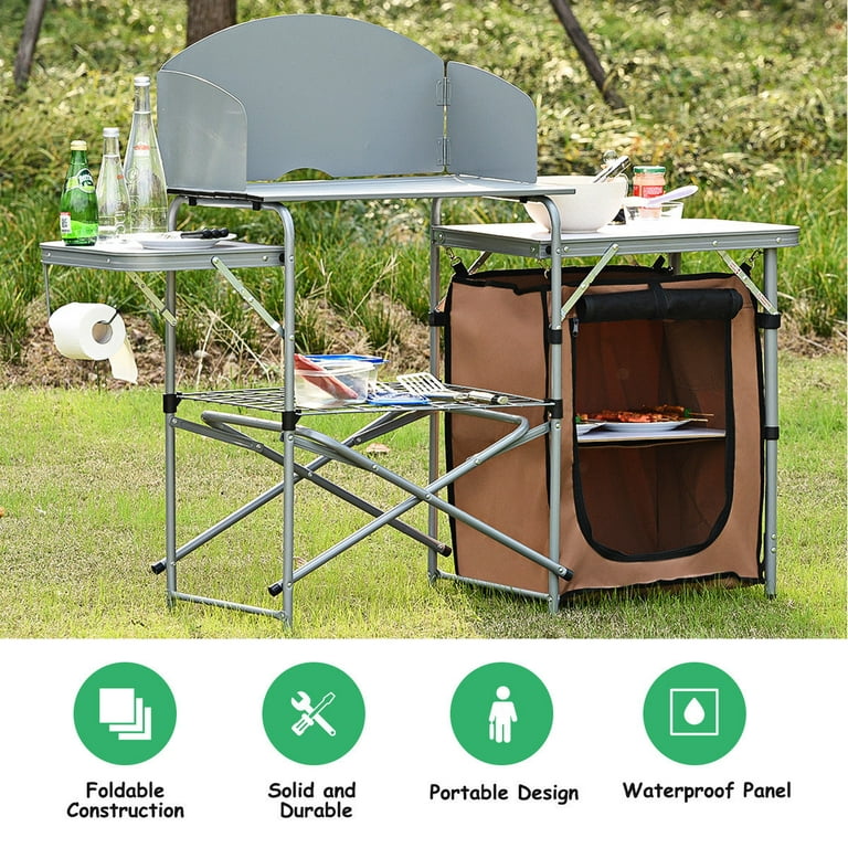 Costway Foldable Camping Table Outdoor BBQ Portable Grilling Stand with Windscreen Bag