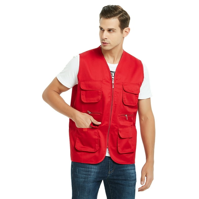 TOPTIE Gilet de Bénévole de Supermarché Adulte Voyage Safari Multi-Poches-Rouge-TTG